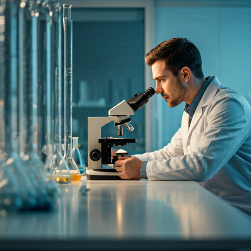 Лабораторный контроль качества: сотрудник за микроскопом
